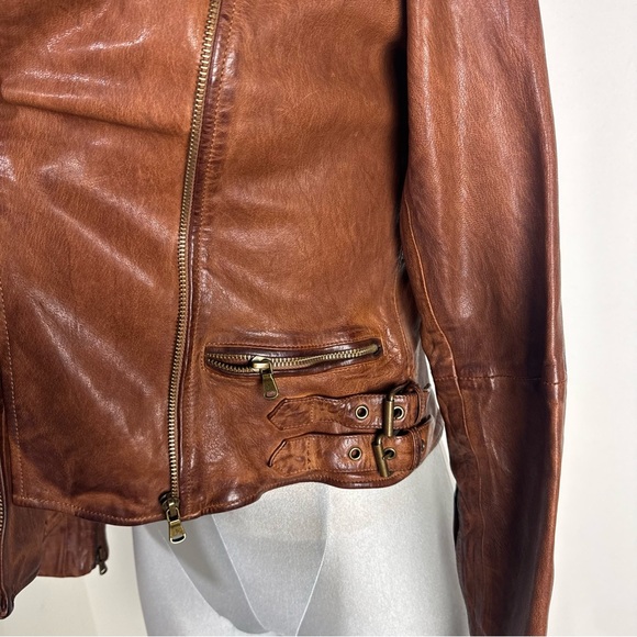Lauren Ralph Lauren Burnished Lamb Leather Moto Jacket Size 4 Dark Walnut Zipper - Picture 7 of 10